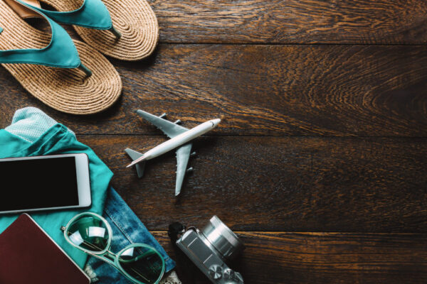 Top view accessories travel with mobile phone,camera,sunglasses